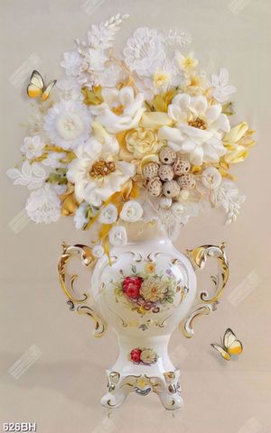 Tranh bình hoa decor những chú bướm vàng bay lượn bên hoa