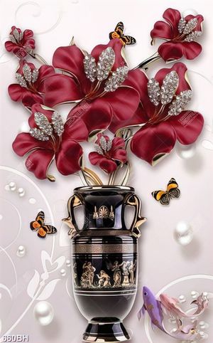 Tranh bình hoa in canvas những bông dâm bụt bên đàn bướm
