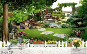 Tranh lối đi trên thảm cỏ xanh dẫn vào quán cà phê