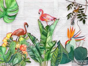 Tranh đàn cò hồng trên bụi cây trang trí bức tường