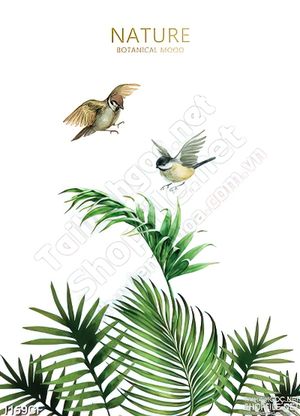 Tranh những chiếc lá vươn cao trên tường quán cà phê