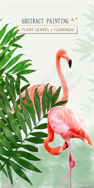 Tranh chú cò màu hồng dưới tán lá xanh quán cà phê