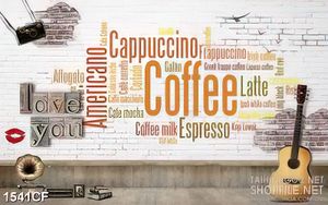 Tranh cà phê dán tường những logo chữ cái dày đặc bên đàn ghita