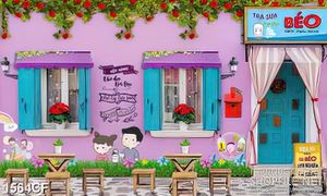 Tranh cà phê in 3d dàn hoa hồng đỏ trên mái hiên quán cà phê tím