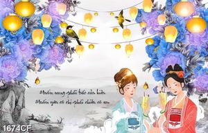 Tranh hai cô gái dưới ánh đèn lồng