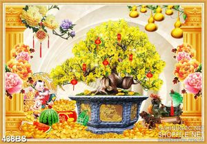 Tranh chậu bonsai decor mai vàng và tiểu linh đồng dán tường
