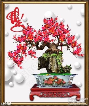 Tranh chậu bonsai hoa đào bên chữ phúc phong thủy sán tường