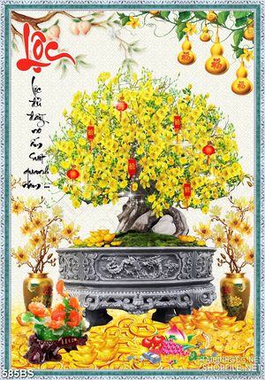 Tranh chậu bonsai in 3d mai vàng bên đàn cá chép chạm ngọc