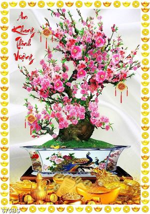 Tranh chậu bonsai in canvas cây hoa đào bên núi vàng