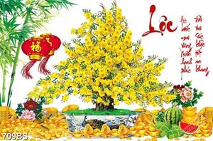 Tranh chậu bonsai in canvas cây mai vàng bên bánh chưng