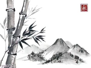 Tranh thư pháp tre và núi