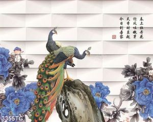 Tranh hoa mẫu đơn xanh và chim công