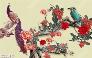 Tranh cành hoa mẫu đơn và chim công