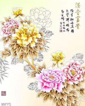 Tranh hoa mẫu đơn thư pháp in dán tường đẹp