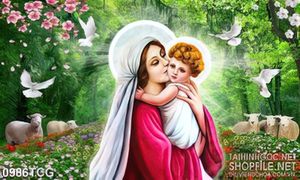 Tranh công giáo mẹ Maria hôn hài nhi bé nhỏ bên đàn cừu
