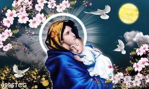 Tranh công giáo mẹ Marria bế babby nhỏ bé dưới trăng vàng