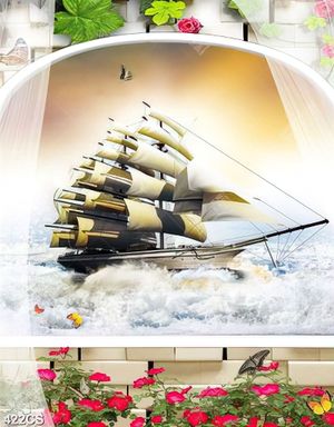 Tranh 3D ghép con thuyền vượt sóng biển bên ô cửa nhỏ