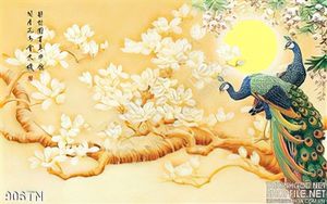 Tranh giả ngọc chim công và hoa đại
