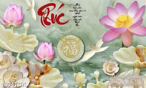 Tranh in canvas đầm sen giả ngọc bên chữ phúc sơn dầu