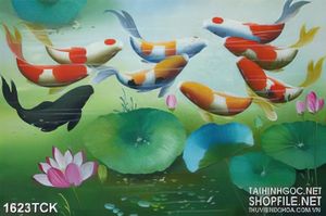 Tranh sơn dầu cá koi và hồ sen đầy lá xanh in canvas