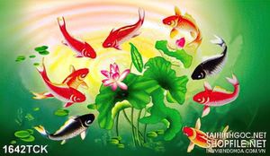 Tranh sơn dầu cá chép dưới những tán lá sen in 3d