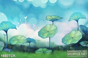 Tranh sơn dầu hồ hoa sen đầy lá xanh bên bãi cỏ xanh 3d