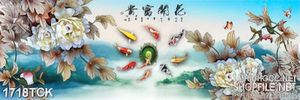 Tranh decor đàn cá koi bên những bông hoa mẫu đơn