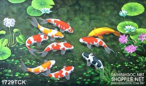 Tranh in uv đàn cá koi sơn dầu trong hồ nước trong xanh