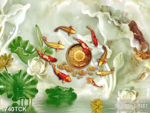 Tranh in canvas cá chép vàng bên đầm sen giả ngọc