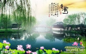 Tranh in treo tường chiếc cầu trên hồ sen sơn dầu đầy hoa