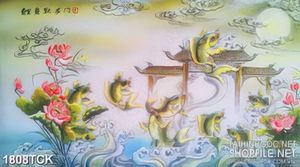 Tranh decor sơn dầu cá chép vàng vượt vũ môn hóa rồng