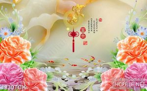 Tranh sơn dầu đóa mẫu đơn bên hồ cá chép in canvas