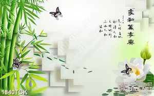 Tranh psd hàng cây trúc xanh bên hồ hoa sen trắng