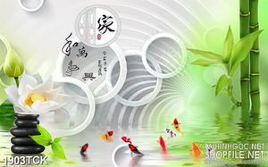 Tranh in 3d đàn cá chép ngoi trên mặt hồ sen trắng