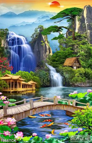 Tranh phong cảnh quanh hồ cá chép vàng sơn dầu trang trí