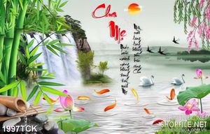 Tranh sơn dầu cá chép bên thác nước đổ trắng xóa in uv