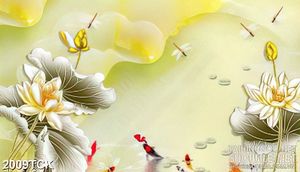 Tranh bông sen vàng bên đàn cá chép in treo tường