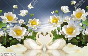 Tranh đôi thiên nga trắng bên hoa sen hồng dán tường