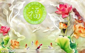 Tranh giả ngọc những bông sen hồng bên đàn cá in 3d