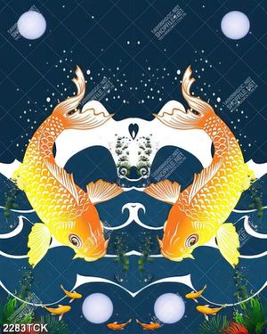 Tranh hai chú cá chép vàng dưới ánh trăng trang trí tường