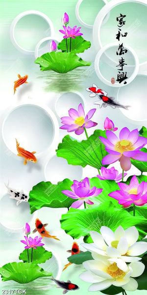 Tranh decor những bông hoa sen hồng trong hồ cá chép