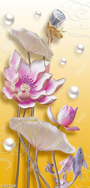 Tranh đàn cá chép bơi tung tăng trong hồ hoa sen hồng