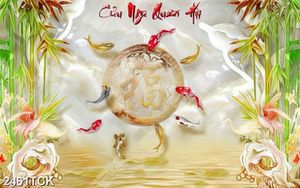 Tranh in tường cá chép giả ngọc bên những hàng tre xanh