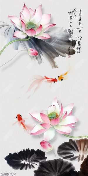Tranh in tường đầm hoa sen hồng và cá chép xinh đẹp