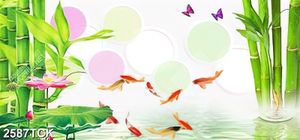 Tranh giả ngọc hồ cá chép vàng bên bụi tre xanh in tường