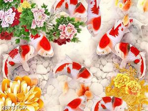 Tranh nghệ thuật đàn cá chép vàng dưới cành hoa mẫu đơn