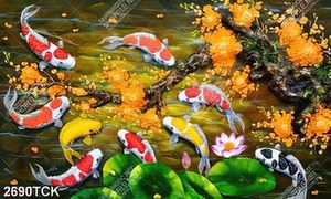 Tranh sơn dầu đàn cá koi xinh đẹp dưới cành hoa mai vàng