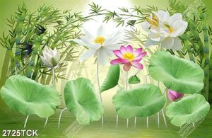 Tranh bông hoa sen  hồng bên những hàng tre xanh xinh đẹp