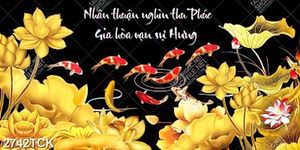 Tranh psd đàn cá chép bơi tung tăng bên hoa sen dáp vàng