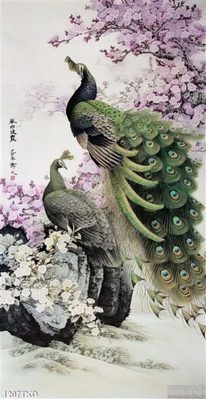 Tranh chim công và hoa Đào